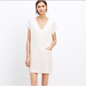 Vince White Textured Shift Dress Size S Minimalist Resort‎ V-Neck Quiet Luxury
